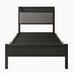 Grey Metal & Wood Twin Platform Bed Frame with Storage Headboard and Charging Station