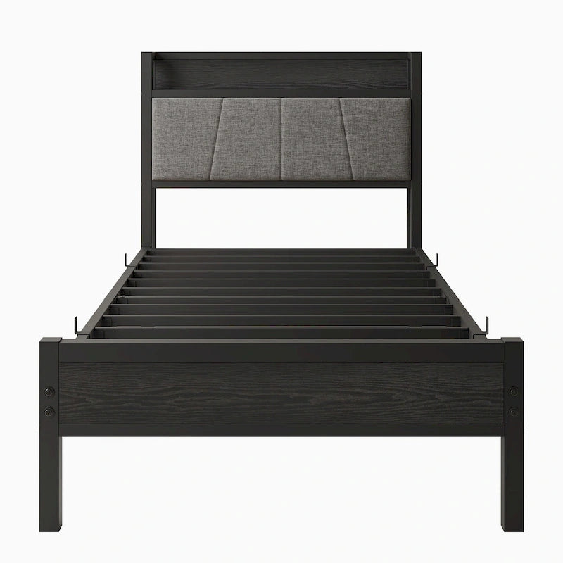 Grey Metal & Wood Twin Platform Bed Frame with Storage Headboard and Charging Station