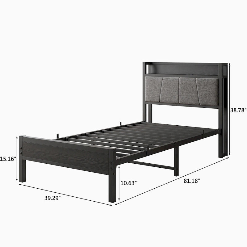 Grey Metal & Wood Twin Platform Bed Frame with Storage Headboard and Charging Station
