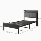 Grey Metal & Wood Twin Platform Bed Frame with Storage Headboard and Charging Station