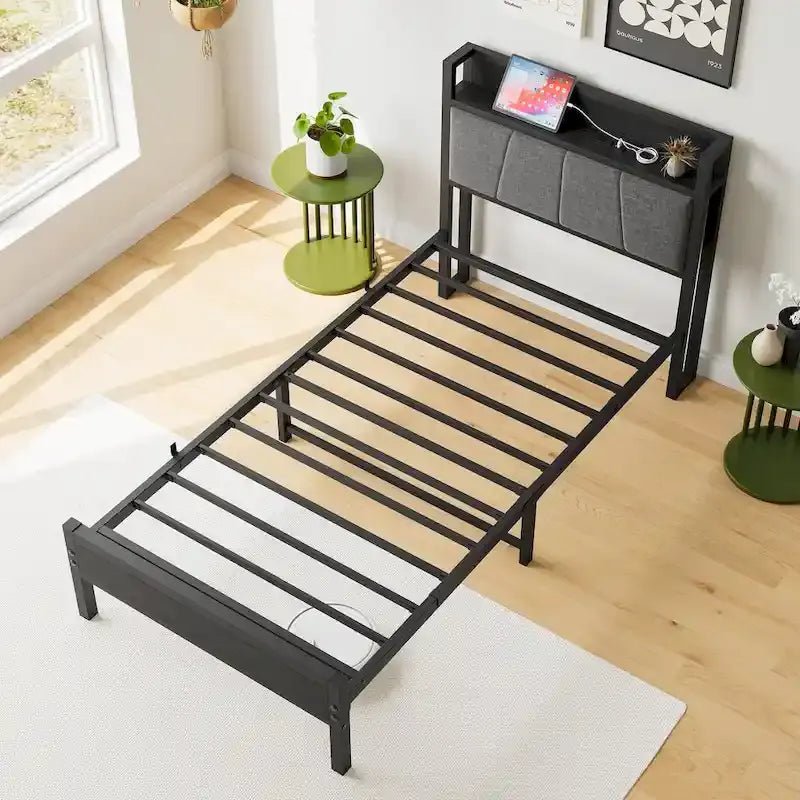 Grey Metal & Wood Twin Platform Bed Frame with Storage Headboard and Charging Station