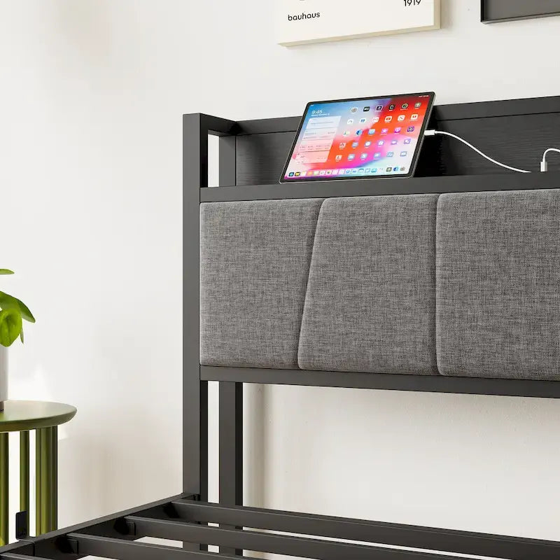 Grey Metal & Wood Twin Platform Bed Frame with Storage Headboard and Charging Station