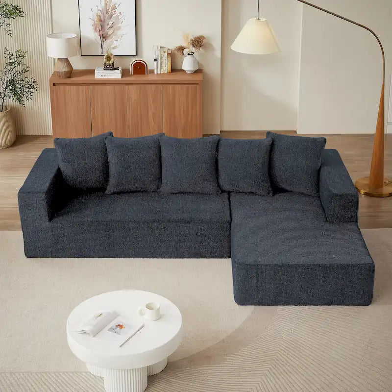 Blue 104.34 Modular L-Shaped 3 Seater Sectional Sofa Set in Luxurious Chenille Fabric Chaise - Minimalist Design