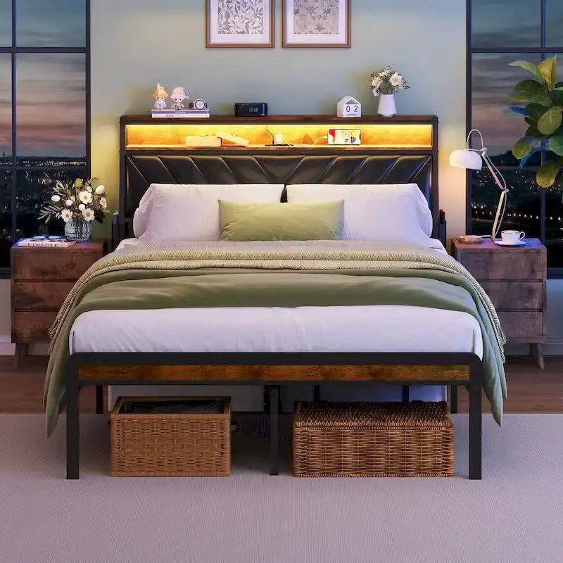 Queen Size Platform Bed with Tilted Upholstered Headboard, Charging Station, and LED Lights