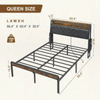 Queen Size Platform Bed with Tilted Upholstered Headboard, Charging Station, and LED Lights