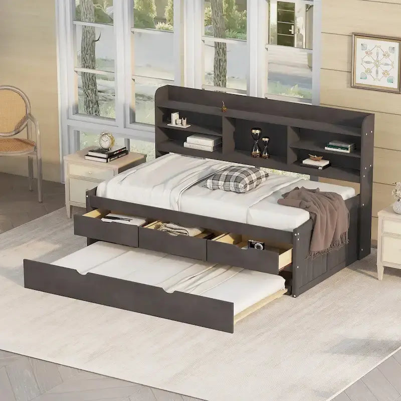 Twin Pine Captain Bed with Shelves, Drawers & Trundle