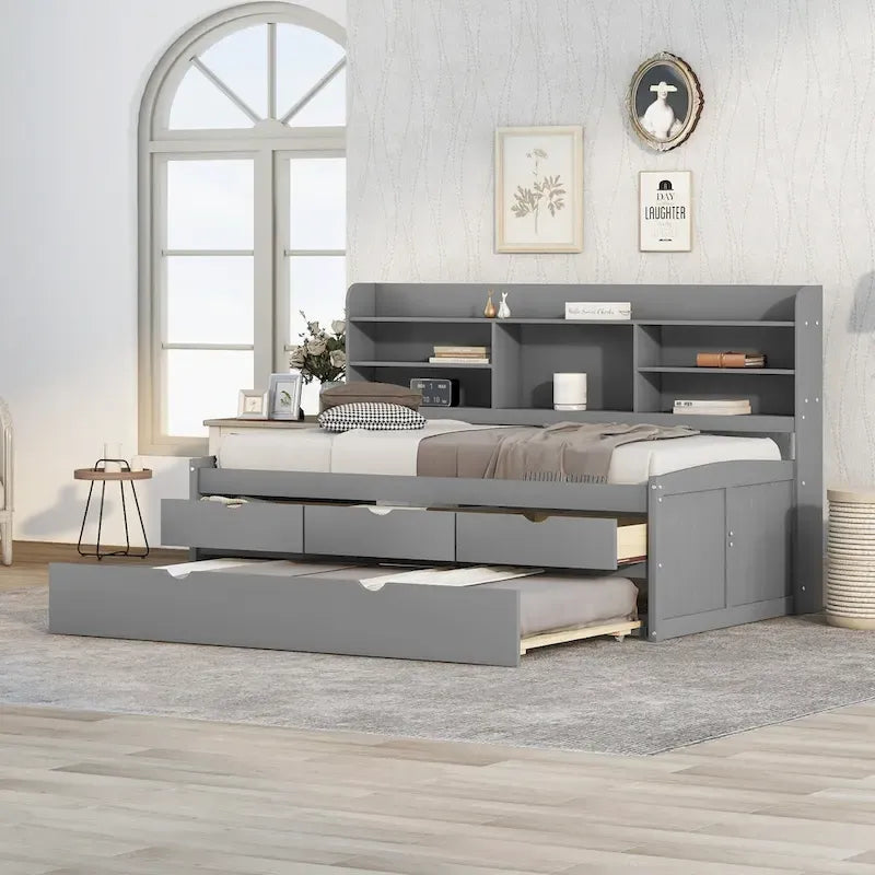 Twin Pine Captain Bed with Shelves, Drawers & Trundle