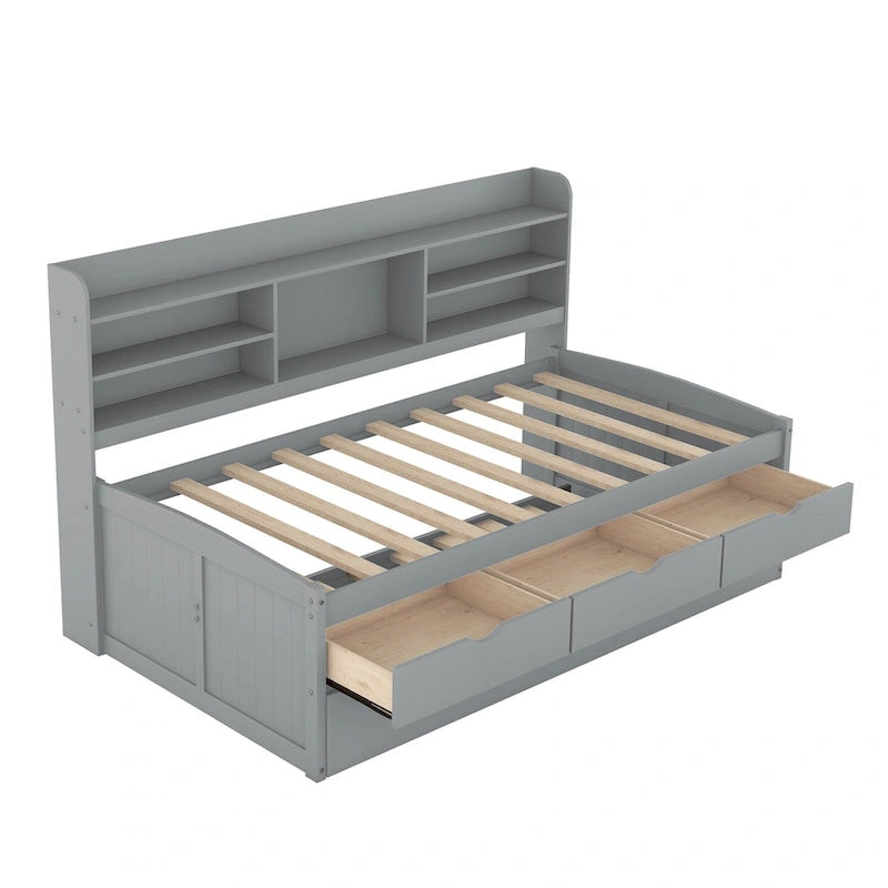 Twin Pine Captain Bed with Shelves, Drawers & Trundle