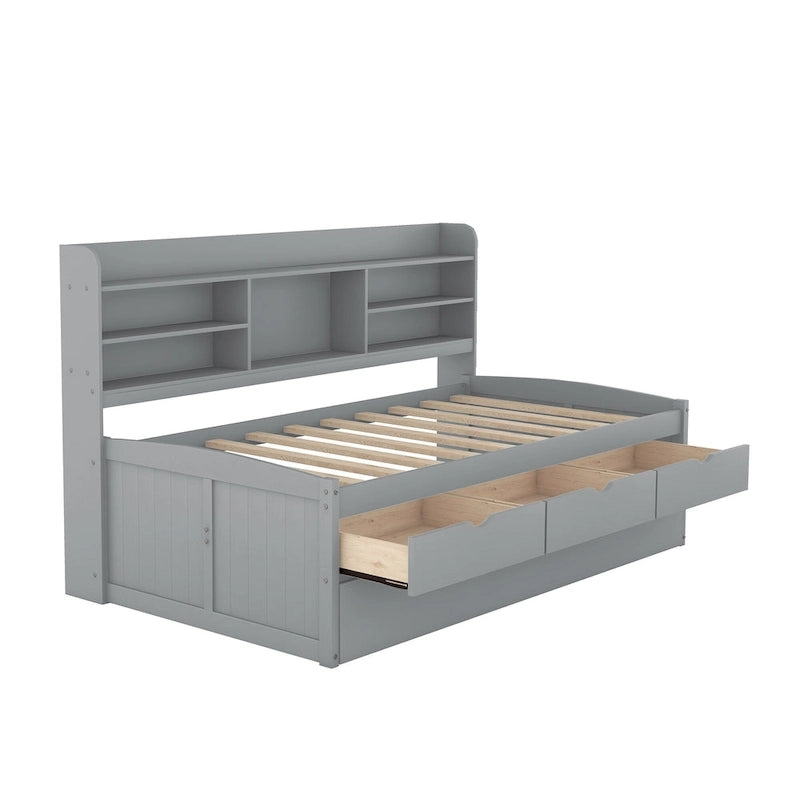 Twin Pine Captain Bed with Shelves, Drawers & Trundle