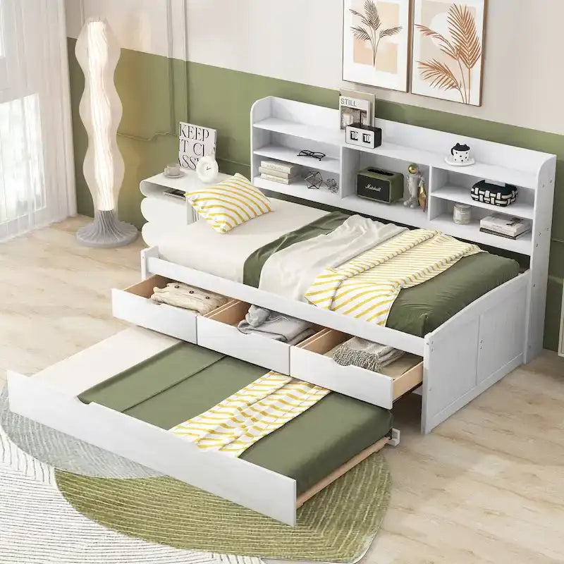 Twin Pine Captain Bed with Shelves, Drawers & Trundle