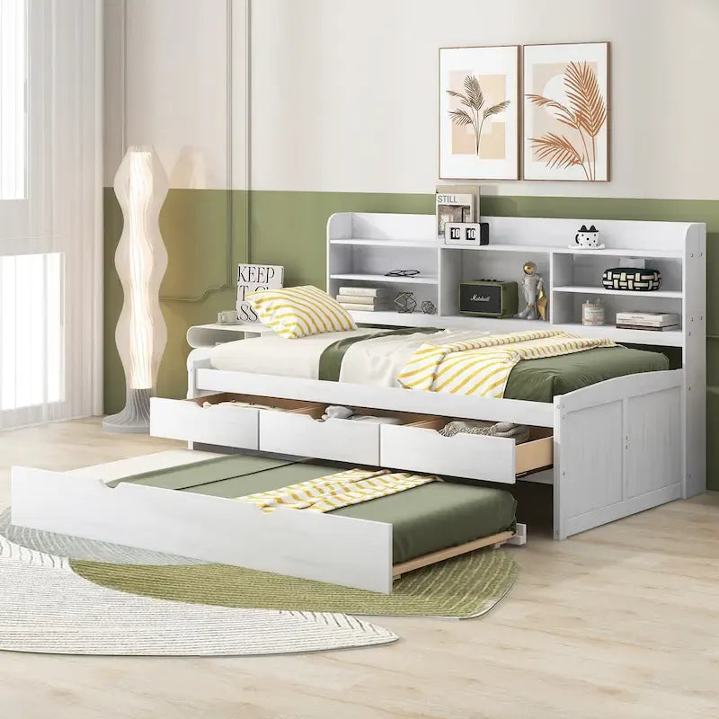 Twin Pine Captain Bed with Shelves, Drawers & Trundle