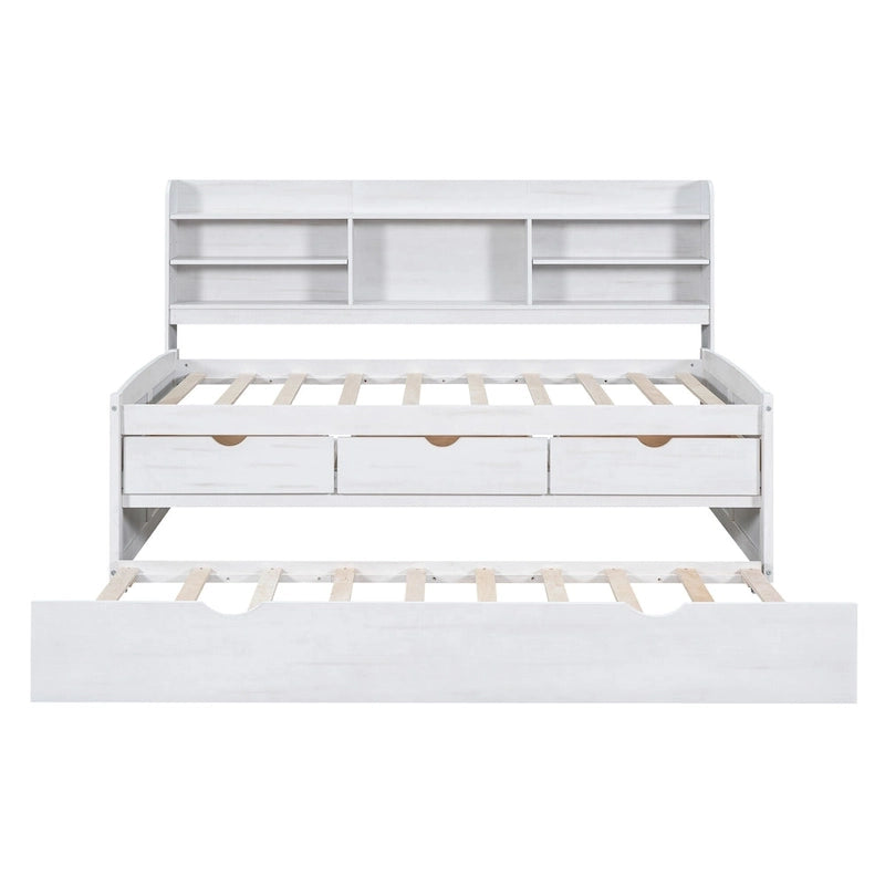 Twin Pine Captain Bed with Shelves, Drawers & Trundle