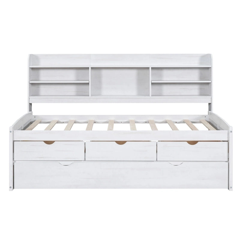 Twin Pine Captain Bed with Shelves, Drawers & Trundle