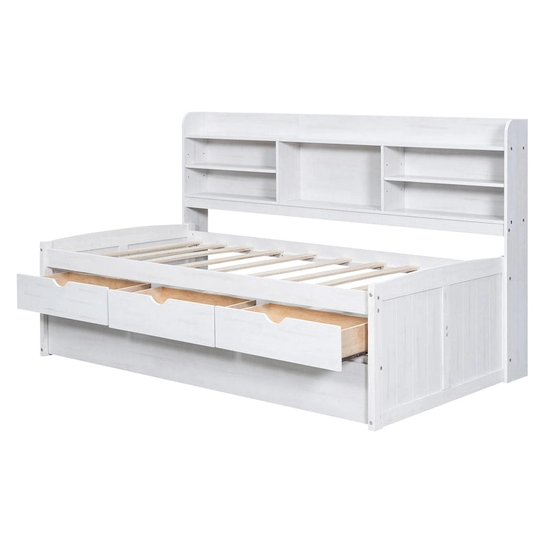 Twin Pine Captain Bed with Shelves, Drawers & Trundle