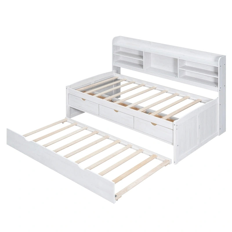 Twin Pine Captain Bed with Shelves, Drawers & Trundle