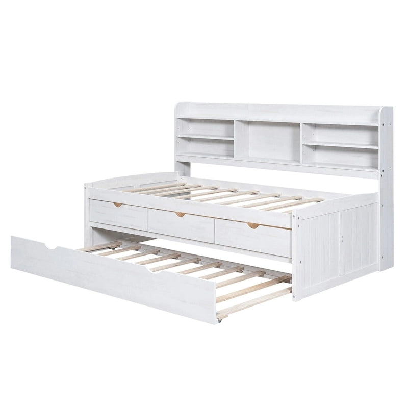 Twin Pine Captain Bed with Shelves, Drawers & Trundle