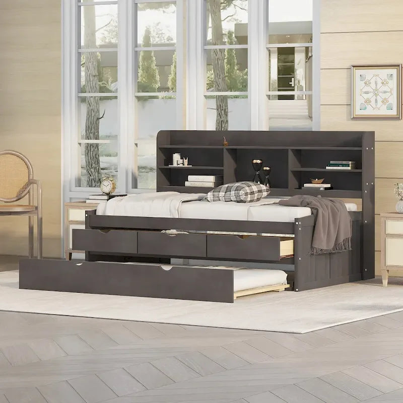 Twin Pine Captain Bed with Shelves, Drawers & Trundle