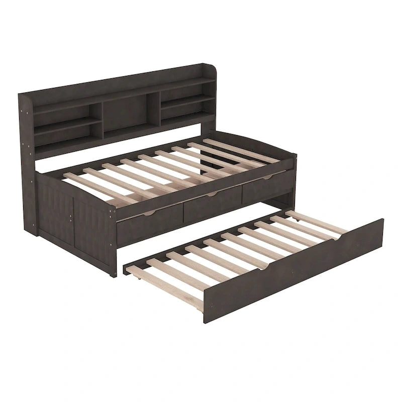 Twin Pine Captain Bed with Shelves, Drawers & Trundle