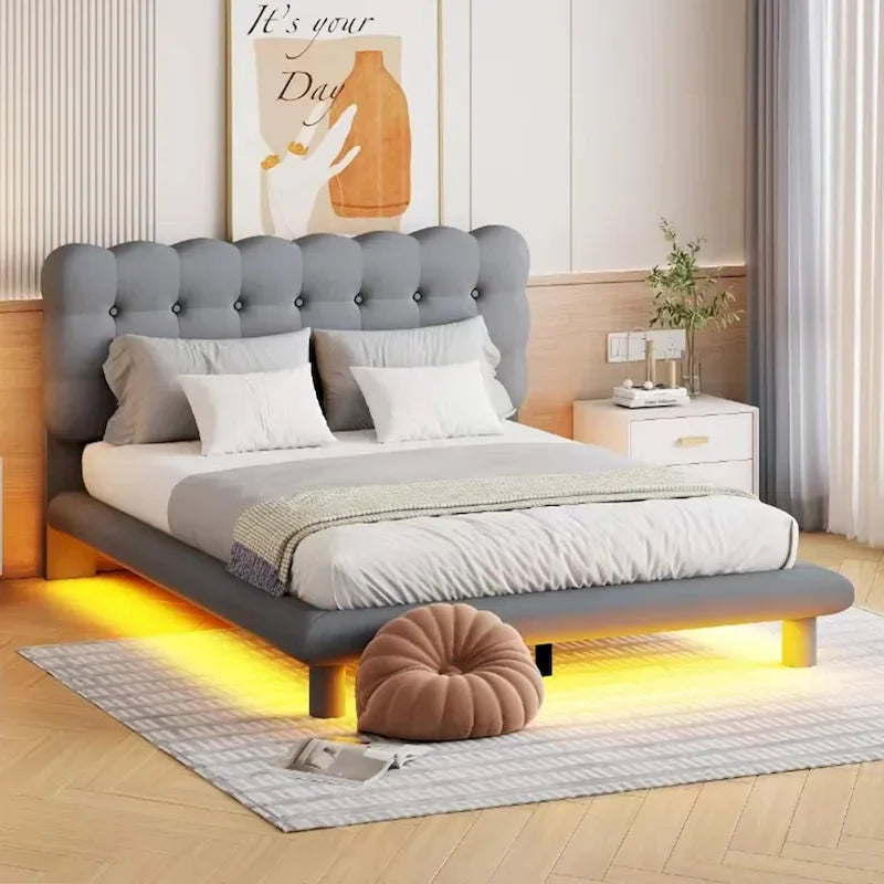 Queen Size Velvet Upholstered Platform Bed Frame with LED Light & Biscuit Headboard