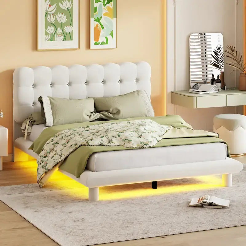 Queen Size Velvet Upholstered Platform Bed Frame with LED Light & Biscuit Headboard