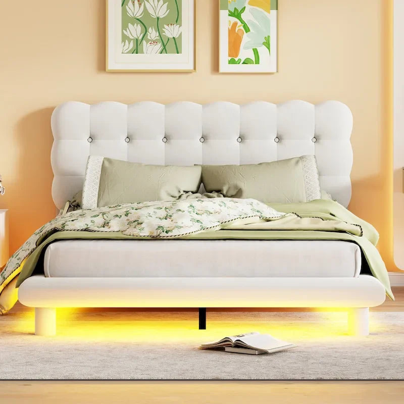 Queen Size Velvet Upholstered Platform Bed Frame with LED Light & Biscuit Headboard