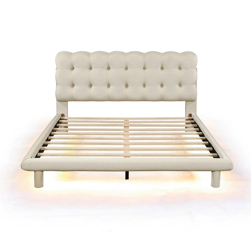 Queen Size Velvet Upholstered Platform Bed Frame with LED Light & Biscuit Headboard