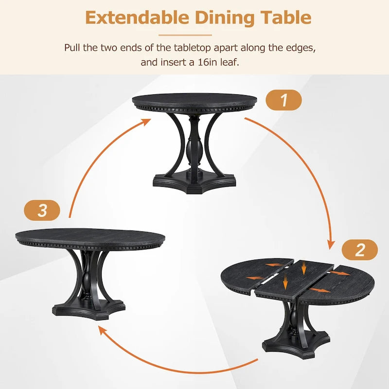 Black 5-Piece Wooden Dining Table Set with Extendable Round Table & 4 Armchairs