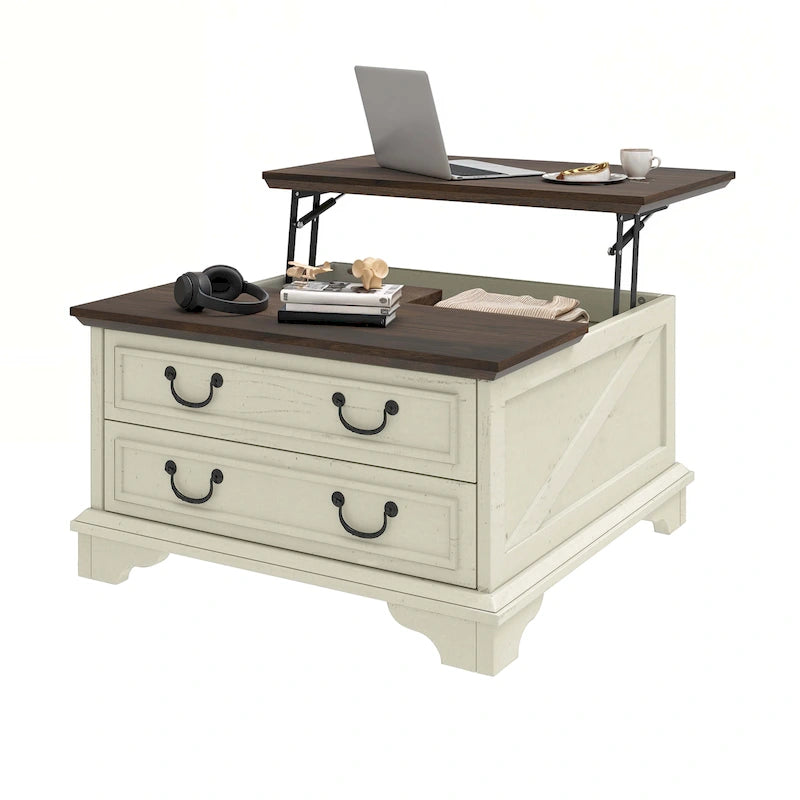 Moasis Farmhouse Lift Top Coffee Table Square Wood Center Table with Storage and 2 Drawers