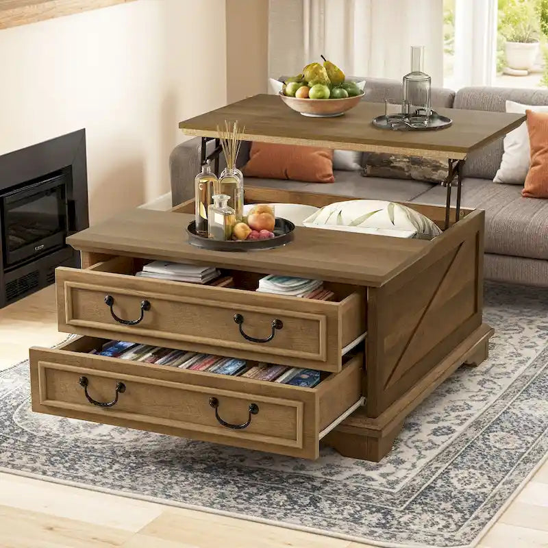 Moasis Farmhouse Lift Top Coffee Table Square Wood Center Table with Storage and 2 Drawers