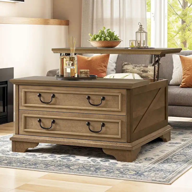 Moasis Farmhouse Lift Top Coffee Table Square Wood Center Table with Storage and 2 Drawers