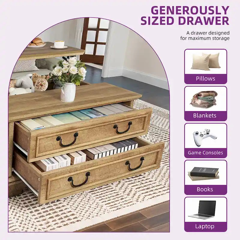 Moasis Farmhouse Lift Top Coffee Table Square Wood Center Table with Storage and 2 Drawers
