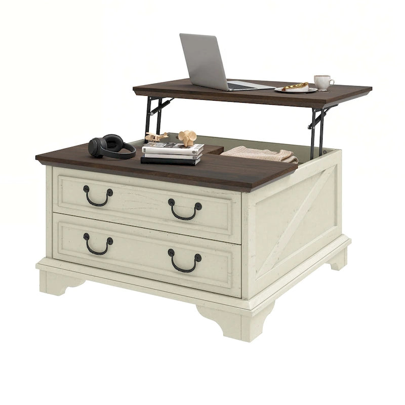 Moasis Farmhouse Lift Top Coffee Table Square Wood Center Table with Storage and 2 Drawers