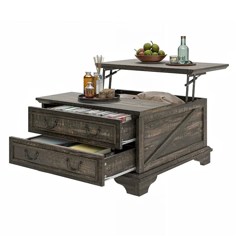 Moasis Farmhouse Lift Top Coffee Table Square Wood Center Table with Storage and 2 Drawers
