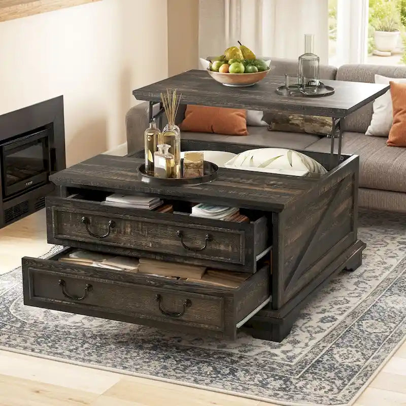 Moasis Farmhouse Lift Top Coffee Table Square Wood Center Table with Storage and 2 Drawers