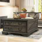 Moasis Farmhouse Lift Top Coffee Table Square Wood Center Table with Storage and 2 Drawers