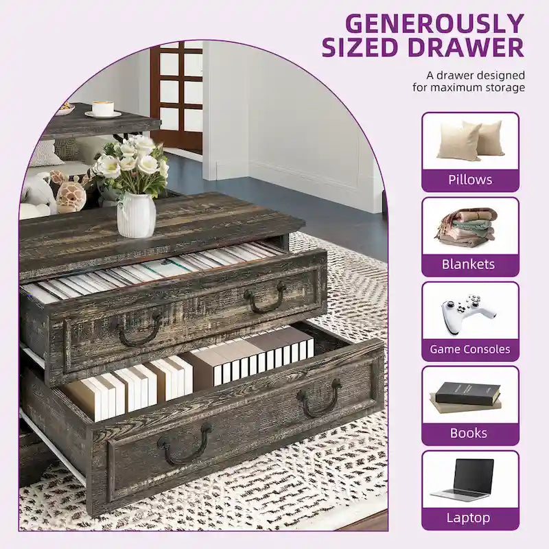 Moasis Farmhouse Lift Top Coffee Table Square Wood Center Table with Storage and 2 Drawers