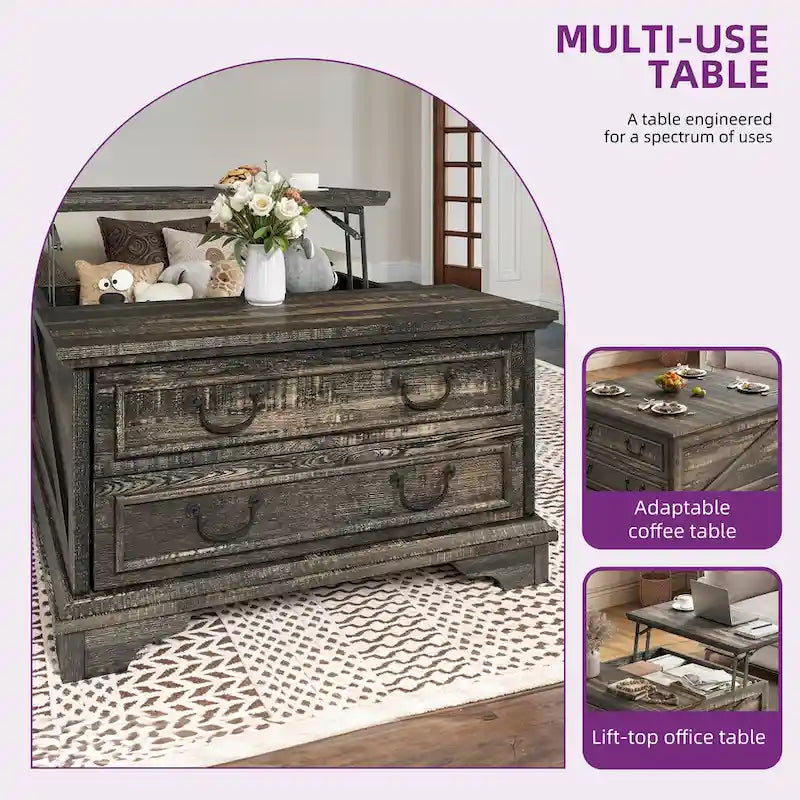 Moasis Farmhouse Lift Top Coffee Table Square Wood Center Table with Storage and 2 Drawers