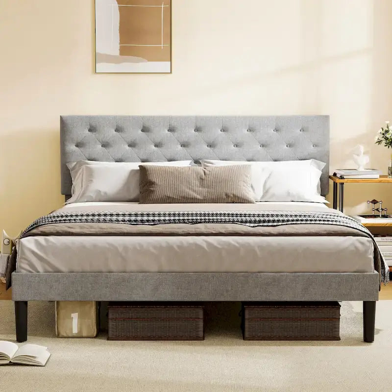 Tufted Light Grey Upholstered Queen Size Platform Bed