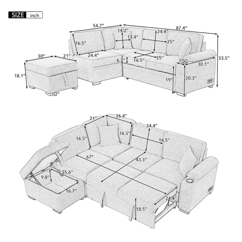 Nestfair 2 in 1 Pull Out Sofa Bed L Shape Couch with Storage Ottoman