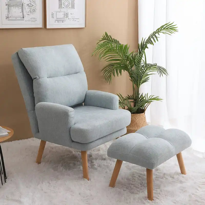 Accent Chair with Ottoman Set, Fabric Armchair with Wood Legs and Adjustable Backrest , Mid Century Modern Comfy Lounge Chair