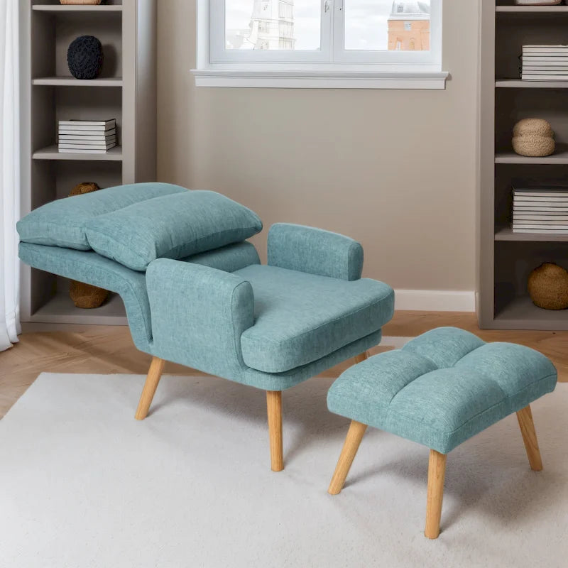Accent Chair with Ottoman Set, Fabric Armchair with Wood Legs and Adjustable Backrest , Mid Century Modern Comfy Lounge Chair