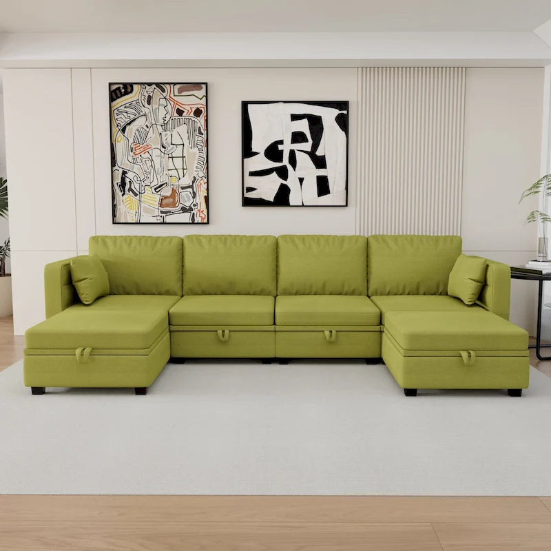 Modular U-shaped adjustable sectional sofa with reversible chains and storage seats