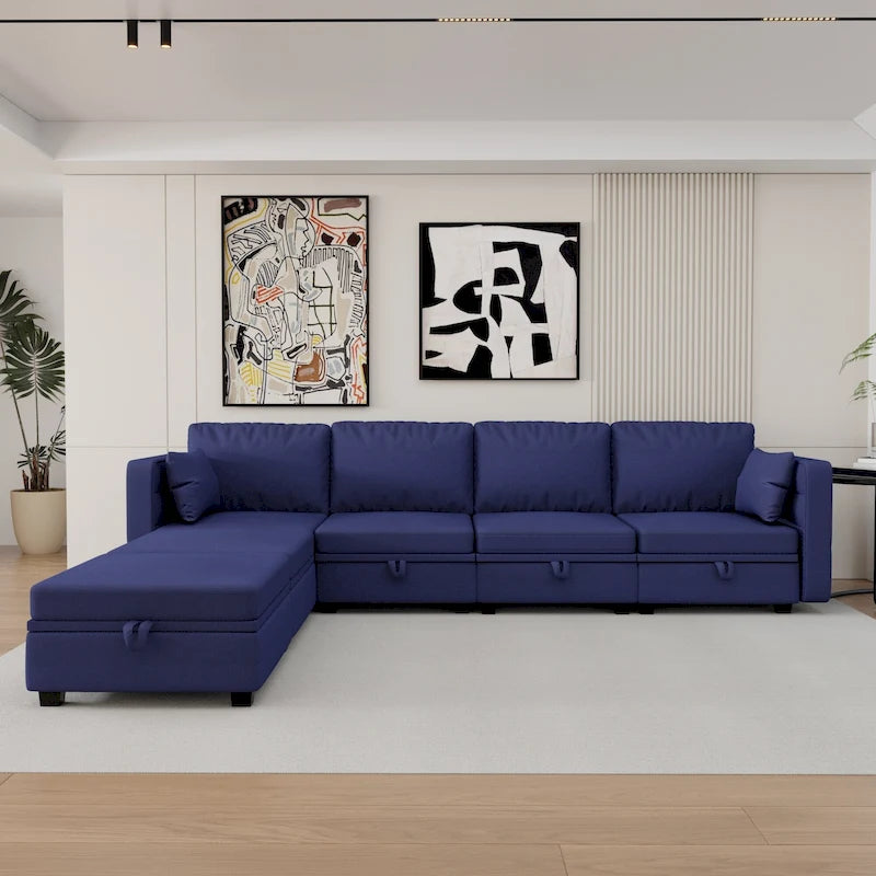 Modular U-shaped adjustable sectional sofa with reversible chains and storage seats