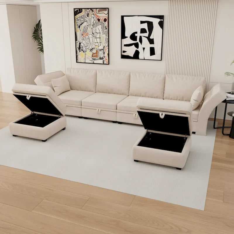 Modular U-shaped adjustable sectional sofa with reversible chains and storage seats
