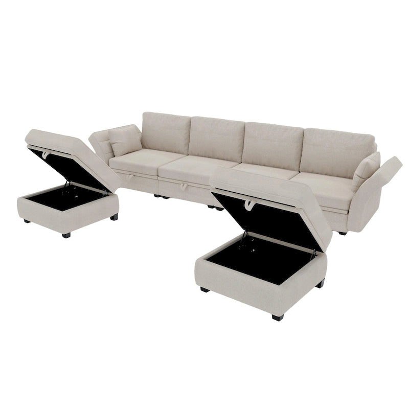 Modular U-shaped adjustable sectional sofa with reversible chains and storage seats