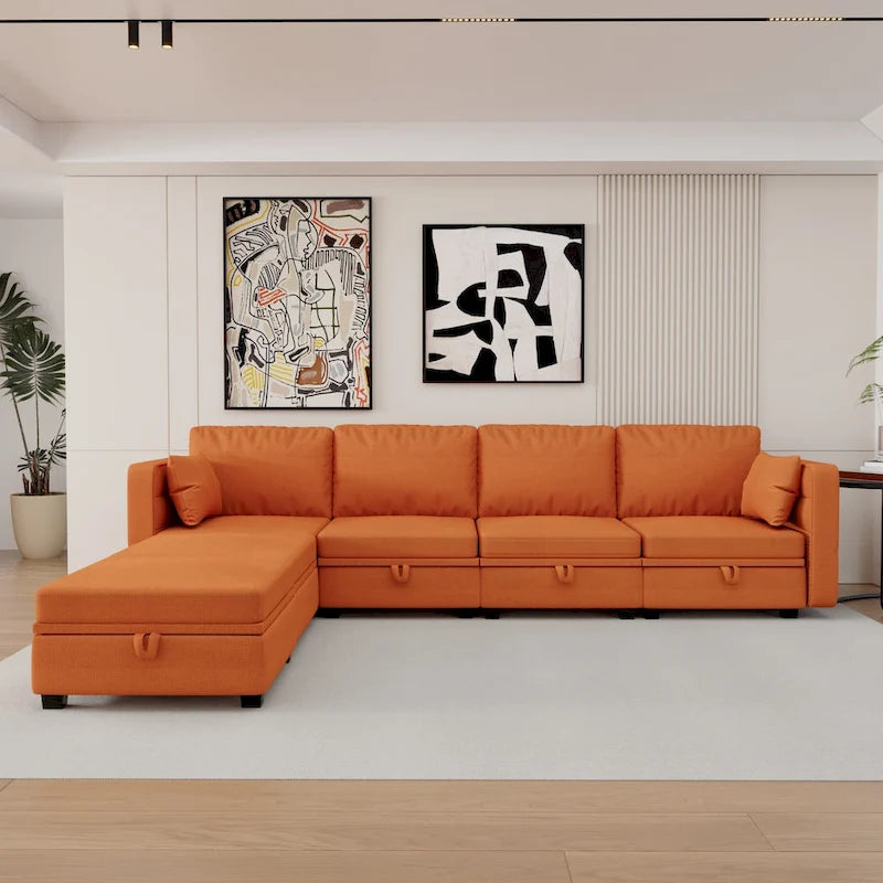 Modular U-shaped adjustable sectional sofa with reversible chains and storage seats