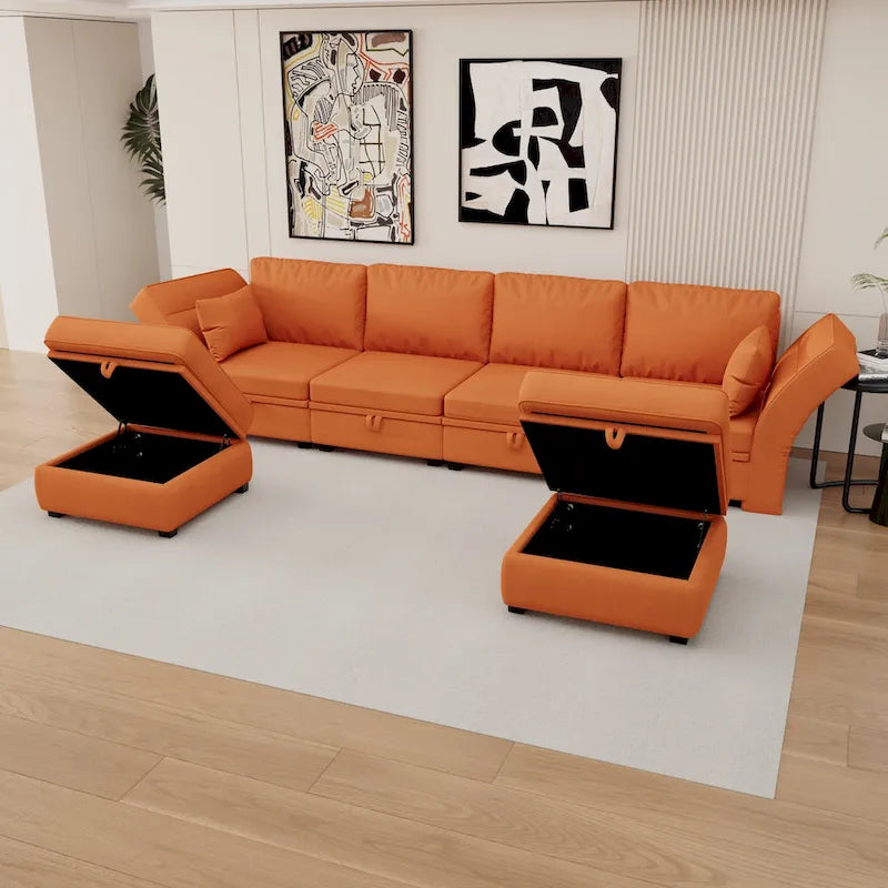 Modular U-shaped adjustable sectional sofa with reversible chains and storage seats