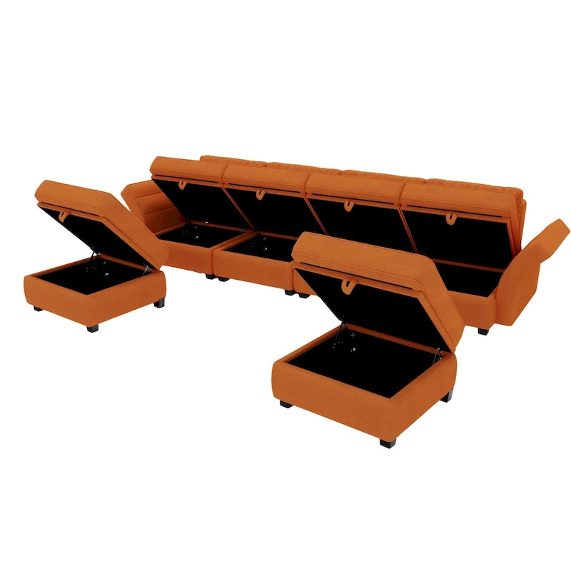 Modular U-shaped adjustable sectional sofa with reversible chains and storage seats