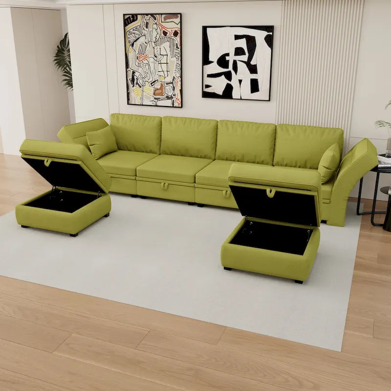 Modular U-shaped adjustable sectional sofa with reversible chains and storage seats