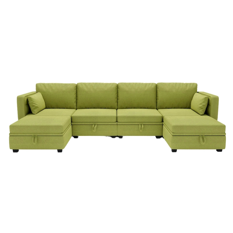 Modular U-shaped adjustable sectional sofa with reversible chains and storage seats